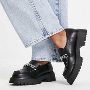 ASOS Black Leather Loafers with Silver Chain
